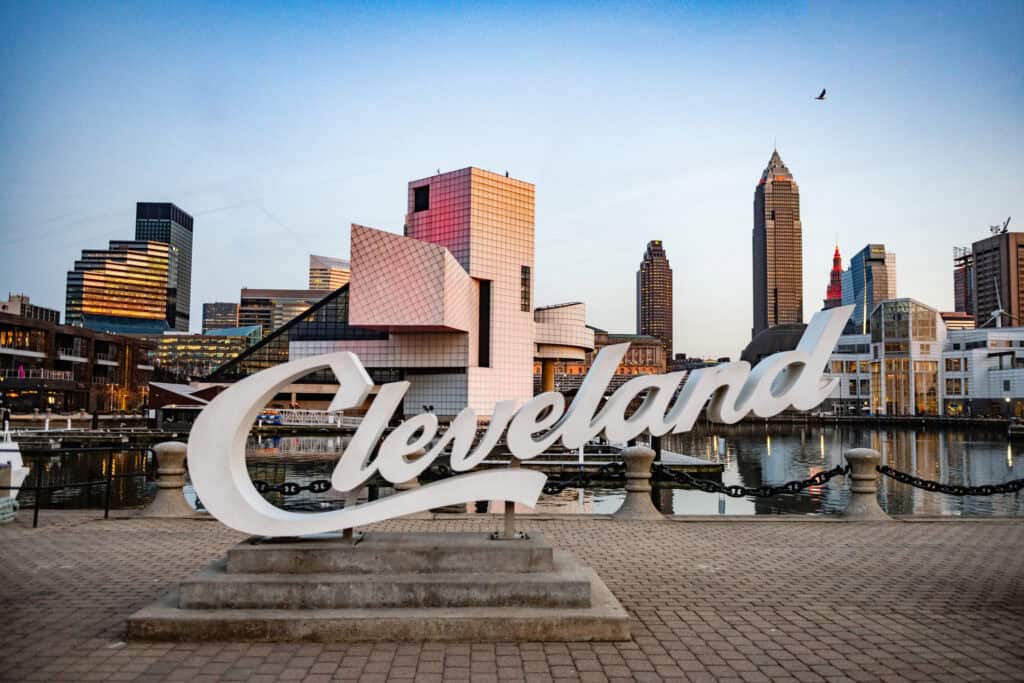cleveland script sign at dusk