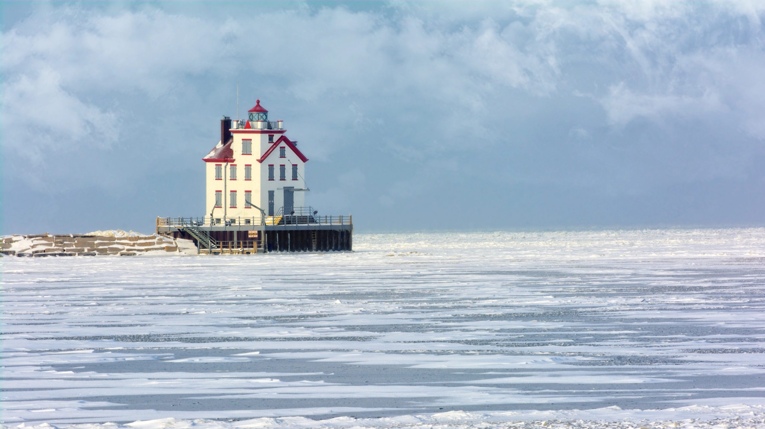 lorain lighthouse in winter lake erie
