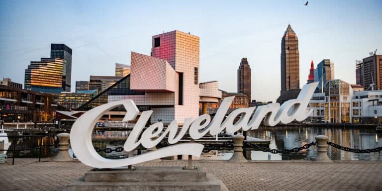 cleveland script sign at dusk